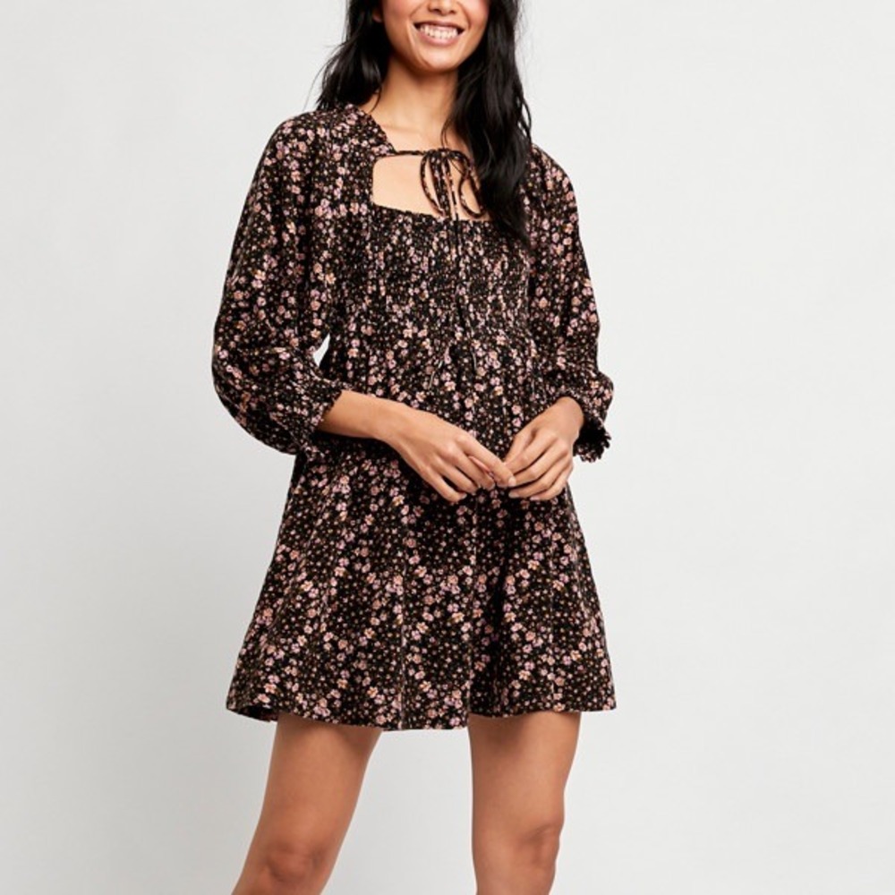 Free People Smocked Floral Open Back Mini Dress Black Pink Size M